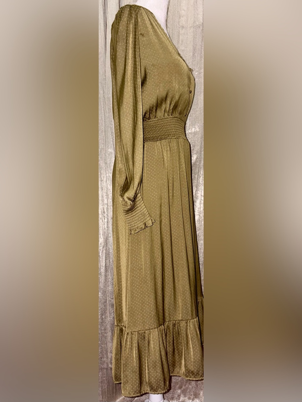 By the River Olive Green pleated Swiss Dot midi dress long sleeve Small